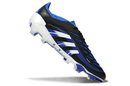 Chuteira Adidas Predator Elite FG - Preta e Azul em ângulo, destacando design e cores.