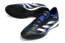 Chuteira Futsal Adidas Predator Elite Tongue IC nas cores preta, azul e branca, ideal para jogadores de futsal.
