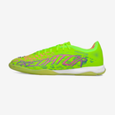 Chuteira Futsal Adidas Predator Elite Tongue IC em verde, rosa e roxa, vista lateral