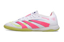 Chuteira Futsal Adidas Predator Elite Tongue IC Branca, Verde, Rosa lateral com detalhes coloridos.