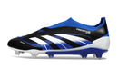 Chuteira Adidas Predator Elite FG - Preta e Azul com design moderno e tecnologia para performance em campo.
