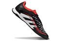 Chuteira Futsal Adidas Predator Elite Tongue IC nas cores preta, branca e laranja, vista lateral em fundo branco.