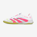 Chuteira Futsal Adidas Predator Elite Tongue IC Branca, Verde, Rosa, vista lateral com detalhes em rosa e verde.