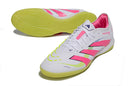 Chuteira Futsal Adidas Predator Elite Tongue IC Branca, Verde, Rosa com detalhes em rosa e verde.