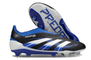 Chuteira Adidas Predator Elite FG - Preta e Azul com design moderno e tecnologia para desempenho no futebol.