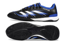 Chuteira Futsal Adidas Predator Elite Tongue IC preto, azul e branco, sola e cabedal vistos de lado.