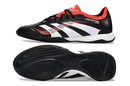 Chuteira Futsal Adidas Predator Elite Tongue IC na cor preta, branca e laranja, vista lateral e inferior.