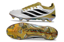 Chuteira Adidas Predator Elite FG 26 - Branca, Vermelha e Preta com sola colorida e design elegante.