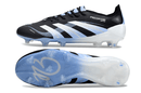 Chuteira Adidas Predator Elite FG - Preta e Azul Ed. "Bellingham" com design icônico e paleta sofisticada.