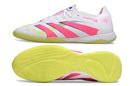 Chuteira Futsal Adidas Predator Elite Tongue IC Branca, Verde, Rosa com design moderno e solado emborrachado.