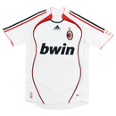 Camisa AC Milan Away 06/07 Retro com detalhes em vermelho e branco, logotipo Adidas e patrocinador bwin.