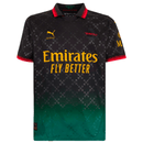 Camisa preta AC Milan x Off-White 24/25 com logotipo da Puma e detalhes em vermelho e verde.