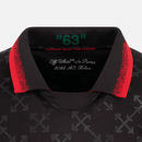 Detalhe do colarinho do jersey preto AC Milan x Off-White 24/25, com a arte de design e logo.