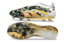 Chuteira Adidas Predator Elite FG LL - Ed. "Bape" com design camuflado e detalhes em dourado.