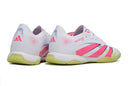 Chuteira Futsal Adidas Predator Elite Tongue IC Branca, Verde, Rosa, vista traseira com detalhes coloridos.