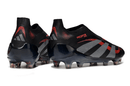 Chuteira Adidas Predator Elite FG Laceless - Preta e Vermelha, com design sem cadarço e estilo inovador.