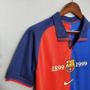 Camisa retro Barcelona Centenário 1999, em vermelho e azul, com escudo do FC Barcelona e detalhes da Nike.