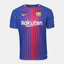 Camisa Barcelona Retro 17/18 da loja olímpica com detalhes em azul e vermelho.