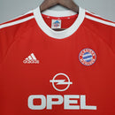 Camiseta vermelha FC Bayern München 00/01 retro com logotipo da adidas e Opel.