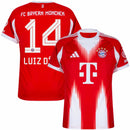 Camisa FC Bayern München 25/26, número 14 Luiz Díaz, frente e verso. Estilo e cores icônicas do Bayern München.