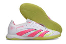 Chuteira Futsal Adidas Predator Elite Tongue IC Branca, Verde, Rosa com solado amarelo e detalhes em rosa.