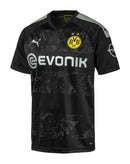 Camisa Borussia Dortmund 19/20 Retro, modelo preto com detalhes em cinza e logotipo Evonik.