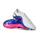 Chuteira Nike Tiempo Maestro Elite FG Branca, Rosa e Azul do Attack Pack, ideal para controle e precisão no futebol.