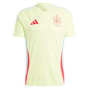 Camisola Espanha away 24/25 Amarelo da Adidas com detalhes em vermelho e escudo da seleção espanhola.