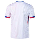 Camisola França away 24/25 Branco, detalhes das costas em listras vermelhas e azuis.