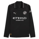 Camisola Manchester City alternativa preta 2025/26 manga longa com detalhes em branco e patrocinadores.