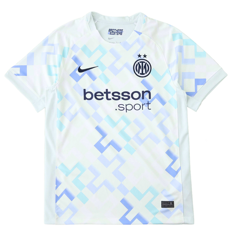 Camisola secundária da Inter de Milão 2025/26 Nike branca, com padrão artesanal em azul-claro, gola redonda e inscrições internas sobre diversidade.