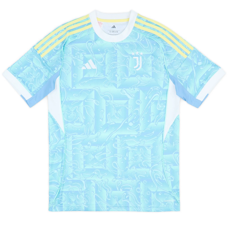 Camisola secundária da Juventus 2025/26 Adidas em azul celeste, com detalhes brancos e amarelos, logótipos em branco e efeito líquido inspirado no Mediterrâneo.