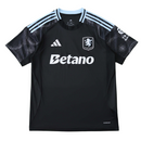 Camisola secundária Aston Villa 2025/26 Adidas masculina, preta com mangas cinzentas e detalhes em azul-celeste, escudo e logótipos em branco.
