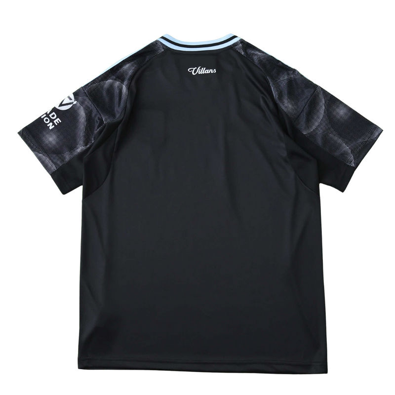 Camisola secundária Aston Villa 2025/26 Adidas masculina, preta com mangas cinzentas e detalhes em azul-celeste, escudo e logótipos em branco.