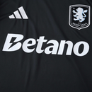 Camisola secundária Aston Villa 2025/26 Adidas masculina, preta com mangas cinzentas e detalhes em azul-celeste, escudo e logótipos em branco.
