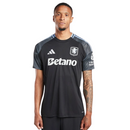 Camisola secundária Aston Villa 2025/26 Adidas masculina, preta com mangas cinzentas e detalhes em azul-celeste, escudo e logótipos em branco.