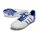 Chuteira Adidas AdiPure 11 Pro FG Branca e Azul com detalhes em azul e sola projetada para desempenho em campo