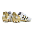 Chuteira Adidas AdiPure 11 Pro FG Branca Dourada com detalhes em dourado e preto, vista traseira.