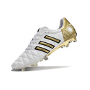 Chuteira Adidas AdiPure 11 Pro FG Branca Dourada lado branco e dourado com detalhes em preto.