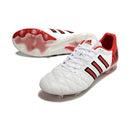 Chuteira Adidas AdiPure 11 Pro FG Branca e Vermelha com detalhes em preto e vermelho, ideal para desempenho em campo.