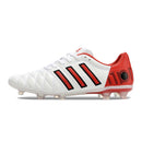 Chuteira Adidas AdiPure 11 Pro FG Branca e Vermelha lateral com detalhes em vermelho e preto.