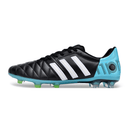 Chuteira Adidas AdiPure 11 Pro FG Preta e Azul lateral com detalhes em azul e três listras brancas.