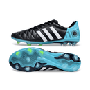 Chuteira Adidas AdiPure 11 Pro FG Preta e Azul mostrando detalhes da sola e design anatômico.