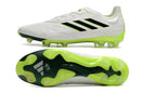 Chuteira Adidas Copa Pure+ FG Branca e Verde com detalhes em preto e solado amarelo