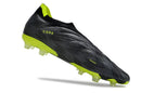Chuteira Adidas Copa Pure+ FG Preta e Verde com design anatômico e tração FG para desempenho superior no campo.