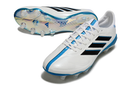 Chuteira Adidas Copa Pure III Elite FG - Branca e Azul vista lateral e inferior com detalhes em azul e preto