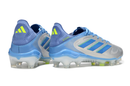 Chuteira Adidas Copa Pure III Elite FG - Celestial Victory Pack em azul e cinza com detalhes em verde
