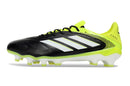 Chuteira Adidas Copa Pure III Elite FG - Preta e Amarela lado esquerdo com detalhes em amarelo e três listras brancas.