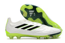 Chuteira Adidas Copa Pure+ FG Branca e Verde com design moderno e tecnologia avançada em campo.