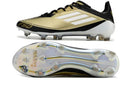 Chuteira Adidas F50.1 FG Dourada, Preta e Branca com design elegante e tecnologia de ponta.